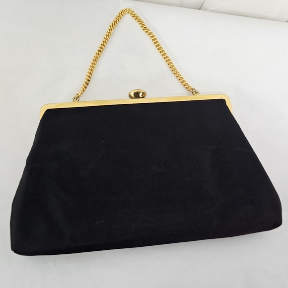 Vintage Coblentz Black Satin Convertible Clutch Evening Bag Gold Chain Hinge - Picture 4 of 9